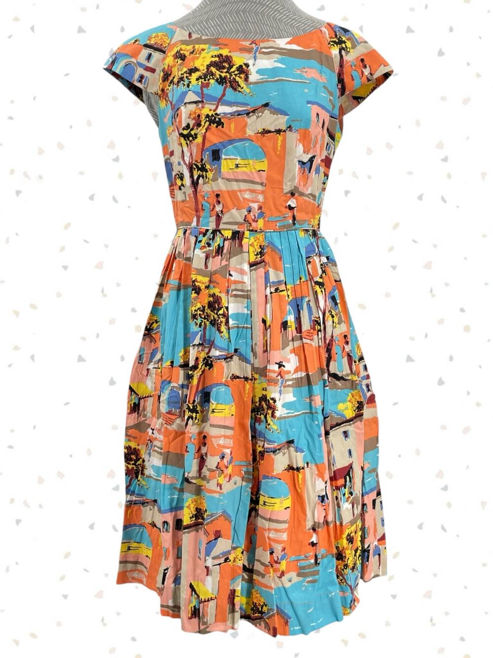 Emily Fin Claudia Havana Pleats Dress Blue Pink Summer Coastal Print Size S NEW